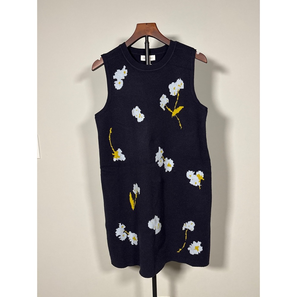 Free Assembly Floral Sweater Dress Womens L Navy Blue Sleeveless Mod Jacquard